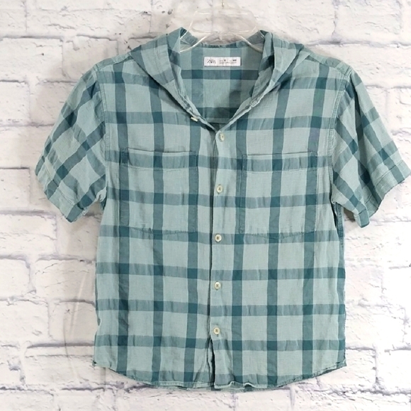 Zara Shirt Checked Button Down Hoodie  Boy's Sz 10 - Picture 1 of 4